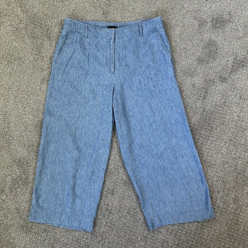 Talbots Linen Blend Chambray Wide Leg Pants Women's Size 12 Blue High Rise